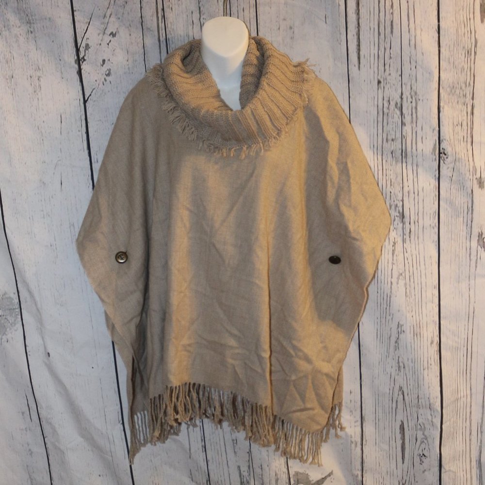 V Fraas Taupe Fringe Cowl Neck Poncho